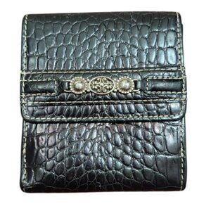 Brighton Black Leather Croc Embossed Wallet Trifold Organizer Snap Closure Pink